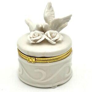 White Ceramic Lidded Trinket Box with Doves Roses Gold Tone Accents Jewelry